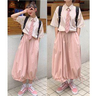 Striped Short-sleeve Shirt With Tie / Drawstring Midi Skirt