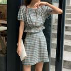 Plaid Short-sleeve Peplum Top / Mini A-line Skirt
