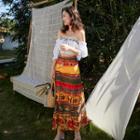 3/4-sleeve Embroidered Top / Printed Midi A-line Skirt