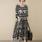 Long-sleeve Elephant Print Midi A-line Dress