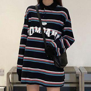 Striped Lettering Print Polo Sweatshirt