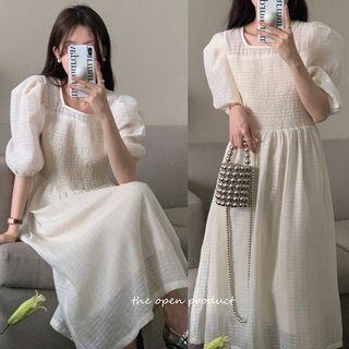 Puff-sleeve Square-neck Midi A-line Dress Almond - One Size