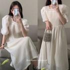 Puff-sleeve Square-neck Midi A-line Dress Almond - One Size