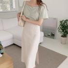 Short-sleeve Ruched Top / Midi A-line Skirt