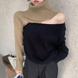 Cold Shoulder Color Block Sweater Khaki & Black - One Size