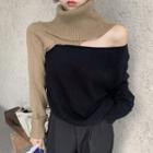 Cold Shoulder Color Block Sweater Khaki & Black - One Size