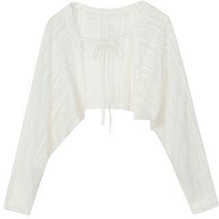 Long-sleeve Lace Tie-strap Cropped Cardigan White - One Size