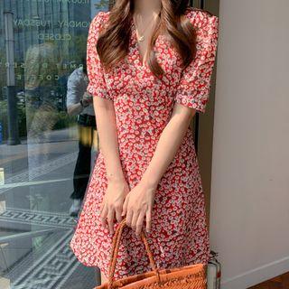 Floral Print Short-sleeve V-neck Mini A-line Dress