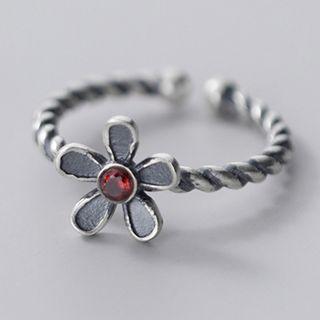 Flower Rhinestone Sterling Silver Open Ring S925 Silver - Ring - Silver - One Size