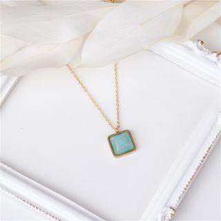 Square Pendant Alloy Choker Turquoise Blue & Gold - One Size