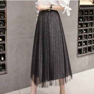 Mesh Overlay Pleated A-line Skirt