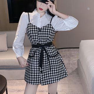 Plain Shirt / Spaghetti Strap Houndstooth Mini Dress