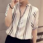 Set: Printed Split Neck Short Sleeve Chiffon Top + Plain Cropped Pants