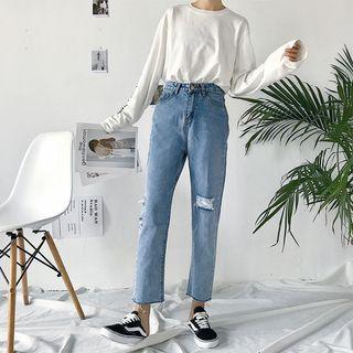 Distressed High-waist Cropped Straight-leg Jeans