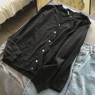 Long-sleeve V-neck Knit Blouse Black - One Size