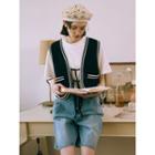 Tie-front Contrast-trim Sweater Vest Black - One Size