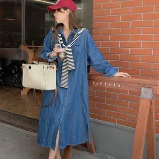 Long-sleeve Denim Shirtdress / Stripe Shawl