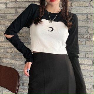 Moon Print Camisole / Long-sleeve Cropped Top