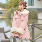 Flower Embroidered Furry Trim Padded Coat