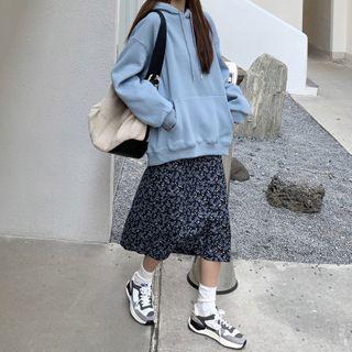 Plain Hoodie / Flower Print Midi A-line Skirt