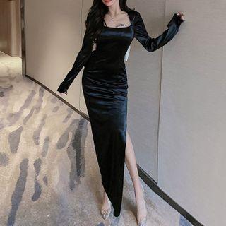Velvet Long-sleeve Maxi Sheath Dress