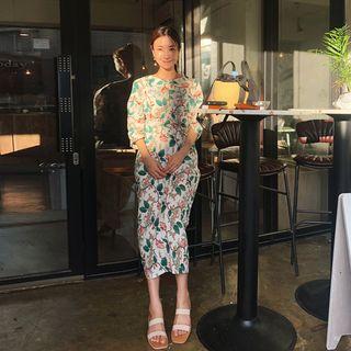 Round-neck Pattern Linen Blend Dress With Sash
