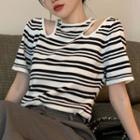 Short-sleeve Striped Cutout T-shirt Stripes - White - One Size
