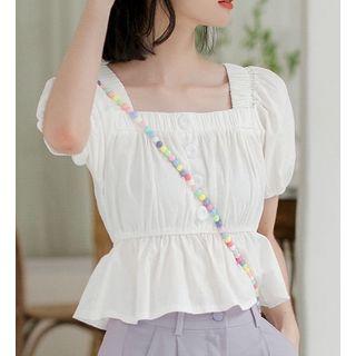 Short-sleeve Square-neck Plain Blouse White - One Size