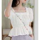 Short-sleeve Square-neck Plain Blouse White - One Size