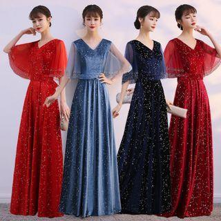 Short-sleeve Glitter Mesh Maxi Cocktail Dress