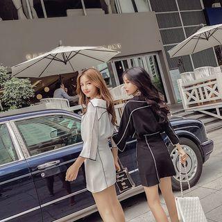 Set: 3/4-sleeve V-neck Blouse + Double-breasted A-line Mini Skirt