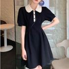 Short-sleeve Color Block Panel Polo-neck Dress