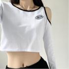 Cold-shoulder Letter Embroidered Crop T-shirt