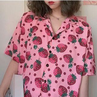 Elbow-sleeve Strawberry Print Shirt