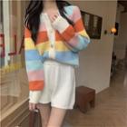 Long-sleeve Color-block Button-up Sweater Orange & Pink & Blue - One Size