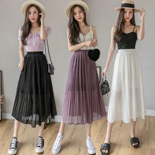 Band-waist Accordion Pleated Chiffon Midi A-line Skirt