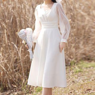 Long-sleeve Mesh Panel Midi A-line Cocktail Dress