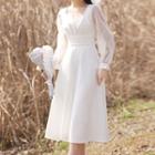Long-sleeve Mesh Panel Midi A-line Cocktail Dress