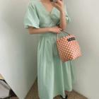 Puff-sleeve V-neck Ruched Midi A-line Dress