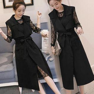 Set: Long-sleeve Lace Dress + Long Vest + Slipderss