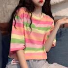 Elbow-sleeve Striped T-shirt Stripes - Pink & Green - One Size
