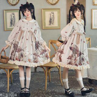 Printed Long-sleeve Pintuck A-line Dress