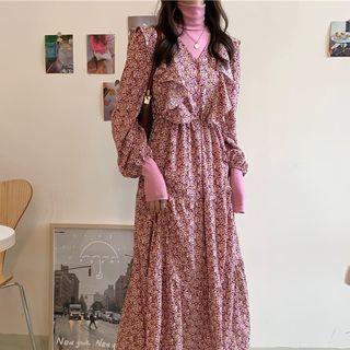 Mock-neck Long-sleeve T-shirt / Puff-sleeve Floral Print Midi A-line Dress