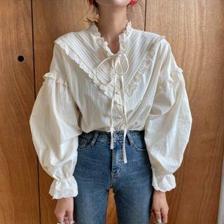 Frill Trim Tie Neck Blouse As Shown In Figure - One Size