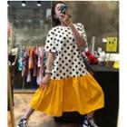 Short-sleeve Dotted Panel Midi Dress As Shown In Figure - One Size