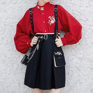 Embroidered Stand Collar Blouse / Suspender Belt / Mini Pleated Skirt / Chain / Set