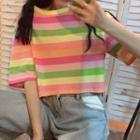 Cropped Short-sleeve Striped T-shirt Stripe - Green - One Size