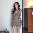 Mock Two-piece Long-sleeve Plaid Mini Bodycon Dress