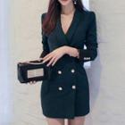 Long-sleeve Contrast-color Double-breasted Dress