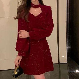 Lantern-sleeve Plain Turtleneck Hollow Out Pleated Velvet Dress
